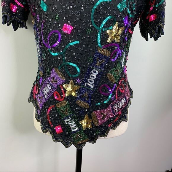 Vintage Lawrence Kazar Y2K New Year’s  Sequin Beaded Silk Top Sz M - Picture 7 of 13
